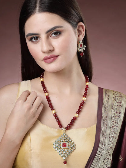 Red Kundan-Studded &amp; Beaded Handcrafted Jewellery Set