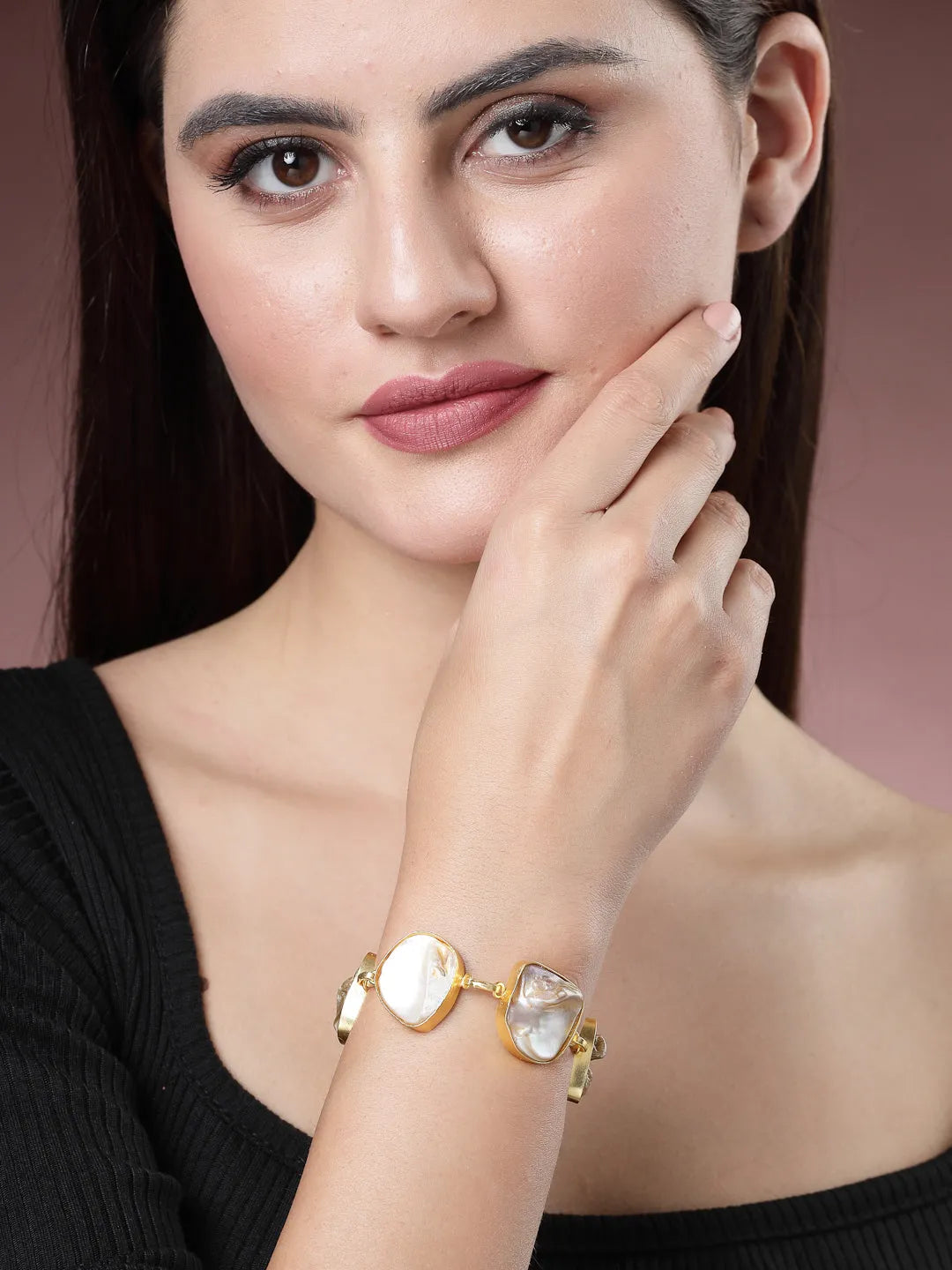 Gold-Plated Handcrafted Mother of Pearl Link Bracelet