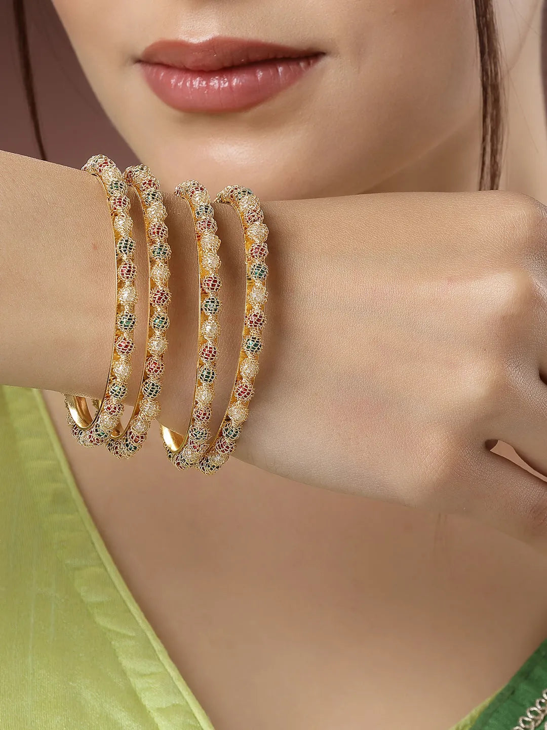 Set of 4 Gold-Plated Beads Handcrafted Traditional Bangles