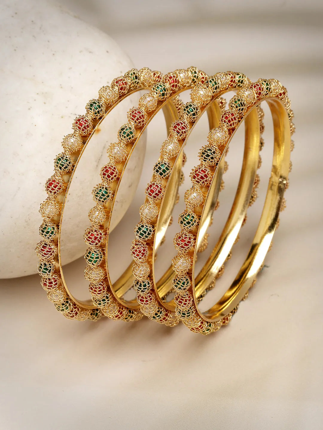 Set of 4 Gold-Plated Beads Handcrafted Traditional Bangles