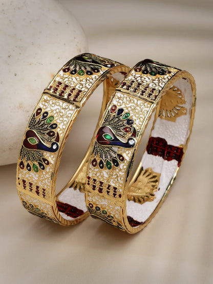 Set of 2 Gold-Plated Peacock Design Meenakari Handcrafted Bangles