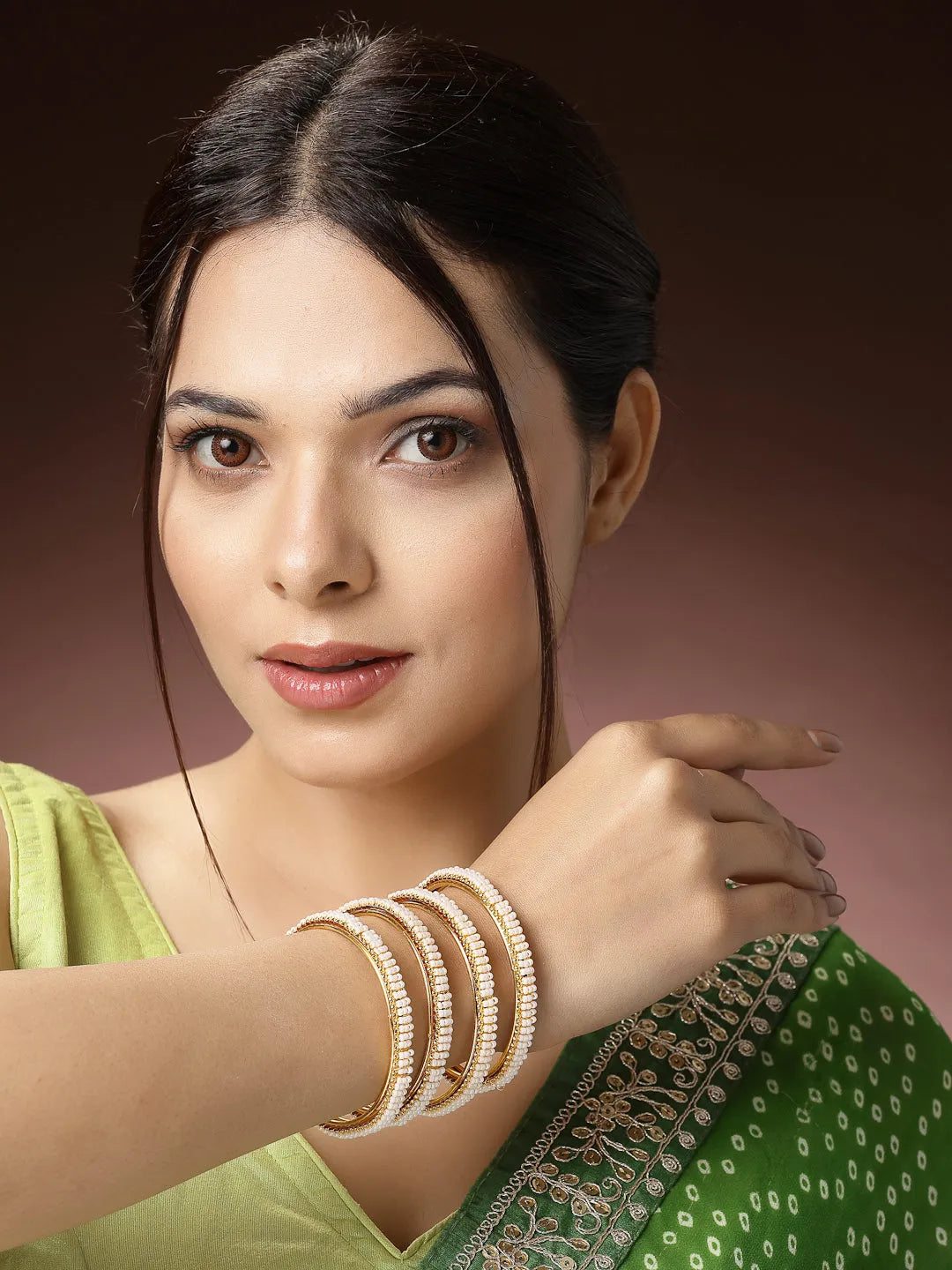 Set of 4 Gold-Plated Pearl Handcrafted Traditional Bangles