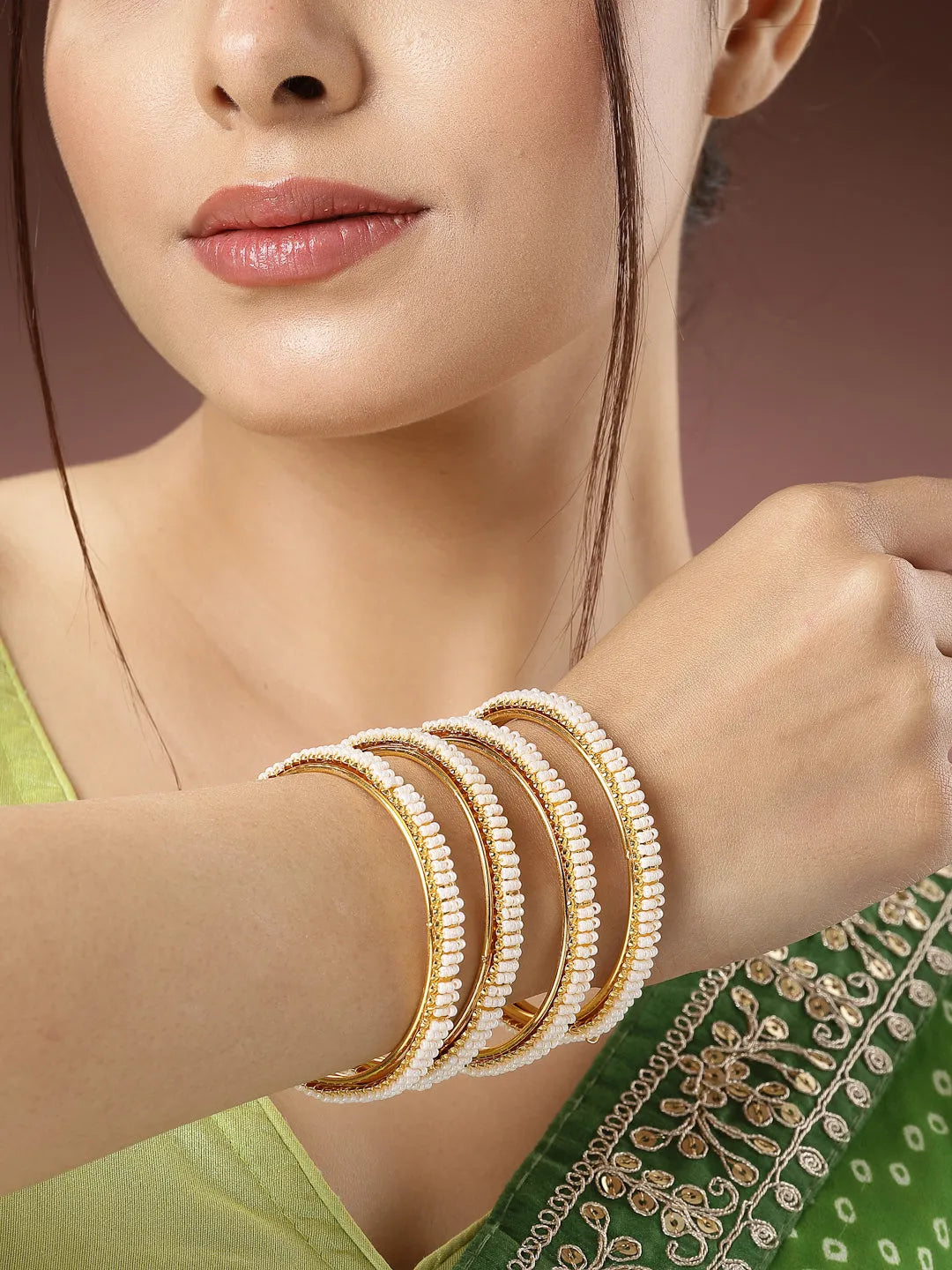 Set of 4 Gold-Plated Pearl Handcrafted Traditional Bangles