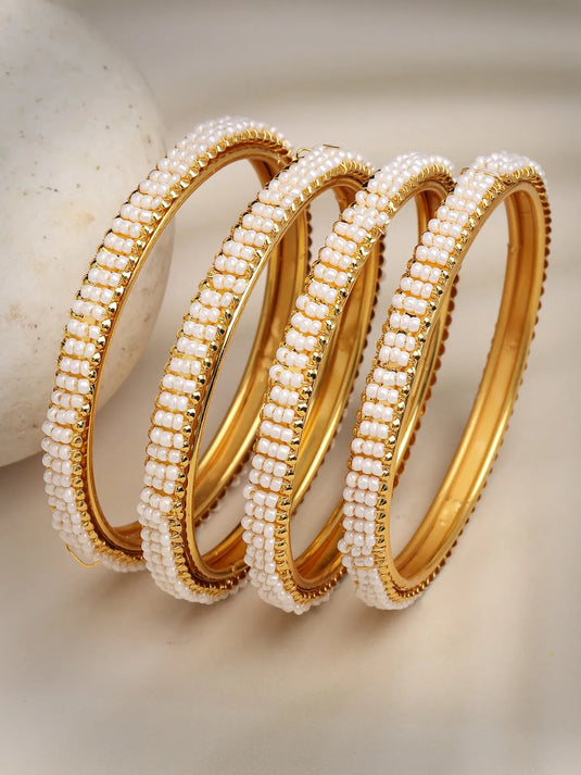 Set of 4 Gold-Plated Pearl Handcrafted Traditional Bangles