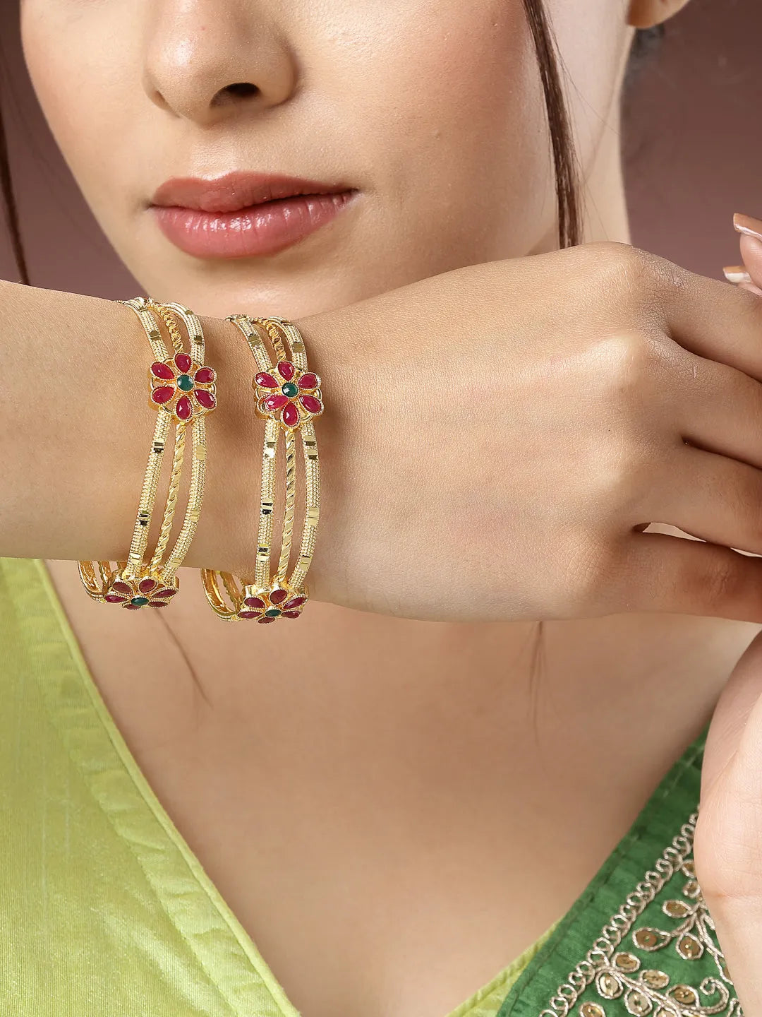 Set of 2 Gold-Plated Artificial Stones Handcrafted Traditional Bangles