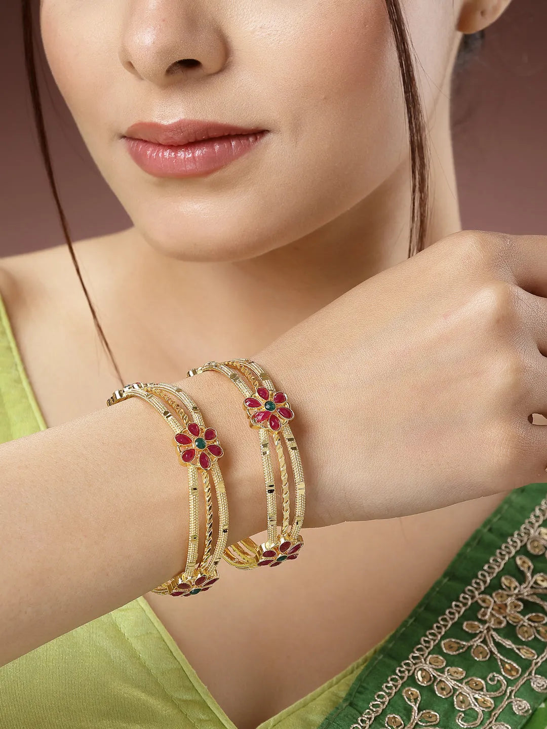 Set of 2 Gold-Plated Artificial Stones Handcrafted Traditional Bangles