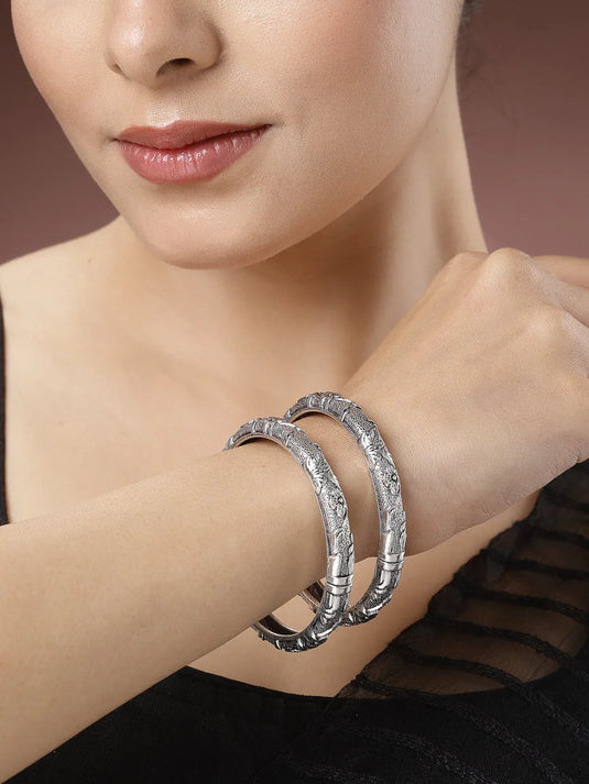 Silver-Toned German Silver Floral Oxidised Kada Bangle