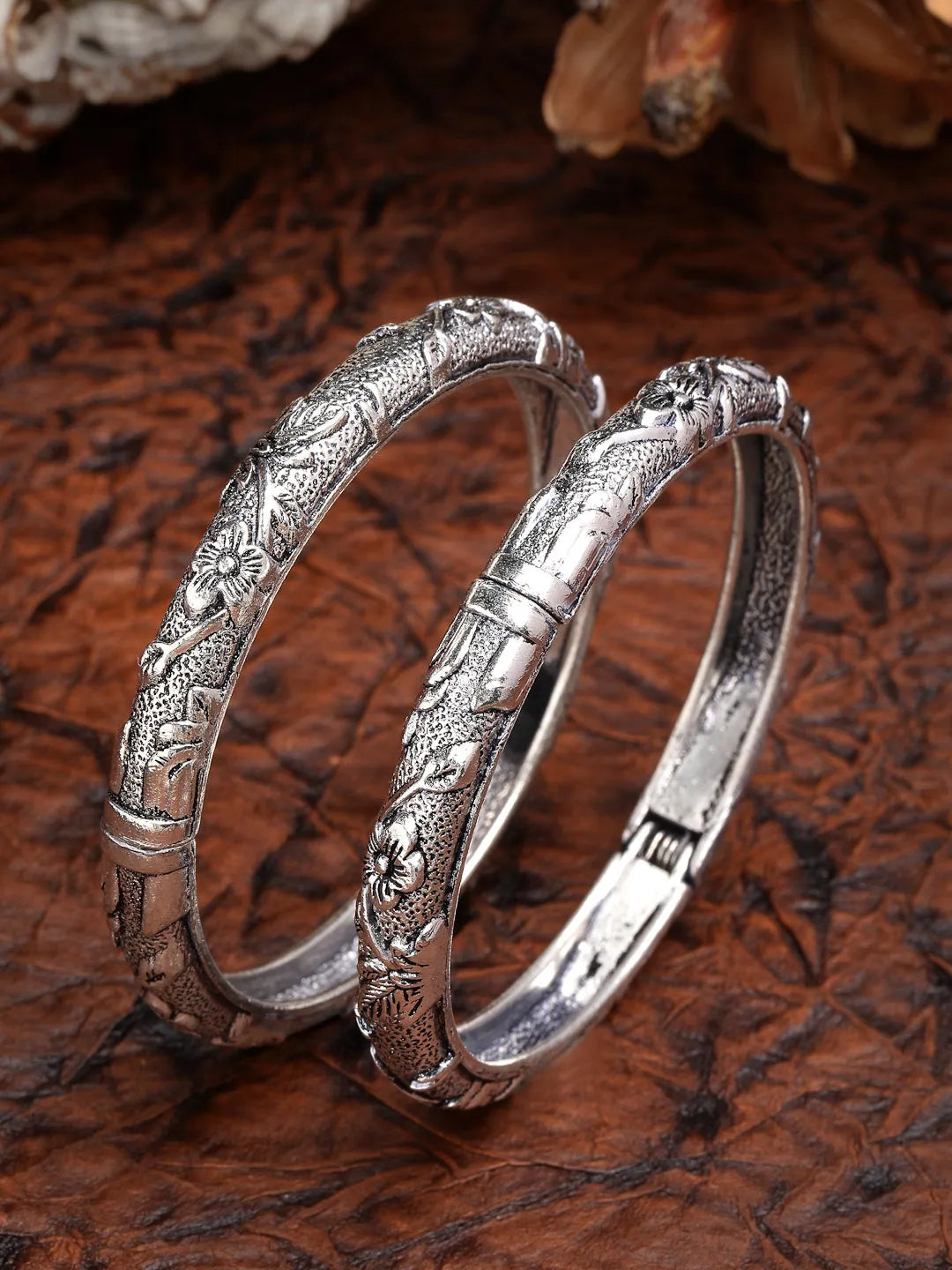 Silver-Toned German Silver Floral Oxidised Kada Bangle