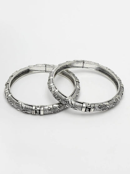 Silver-Toned German Silver Floral Oxidised Kada Bangle