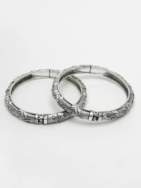 Silver-Toned German Silver Floral Oxidised Kada Bangle