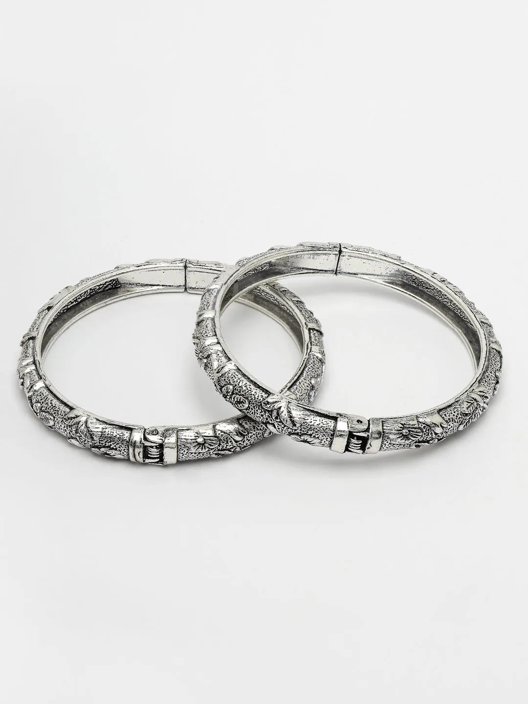 Set of 2 Silver-Toned German Silver Floral Oxidised Kada Bangle