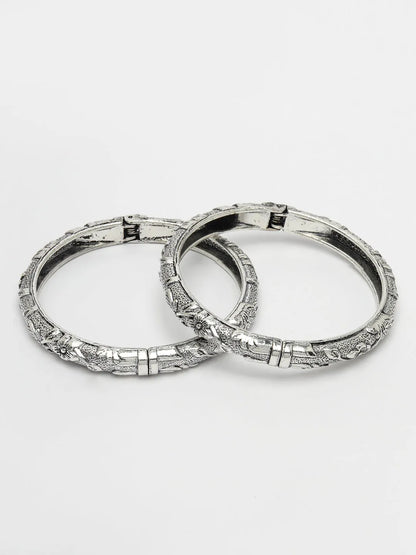 Set of 2 Silver-Toned German Silver Floral Oxidised Kada Bangle