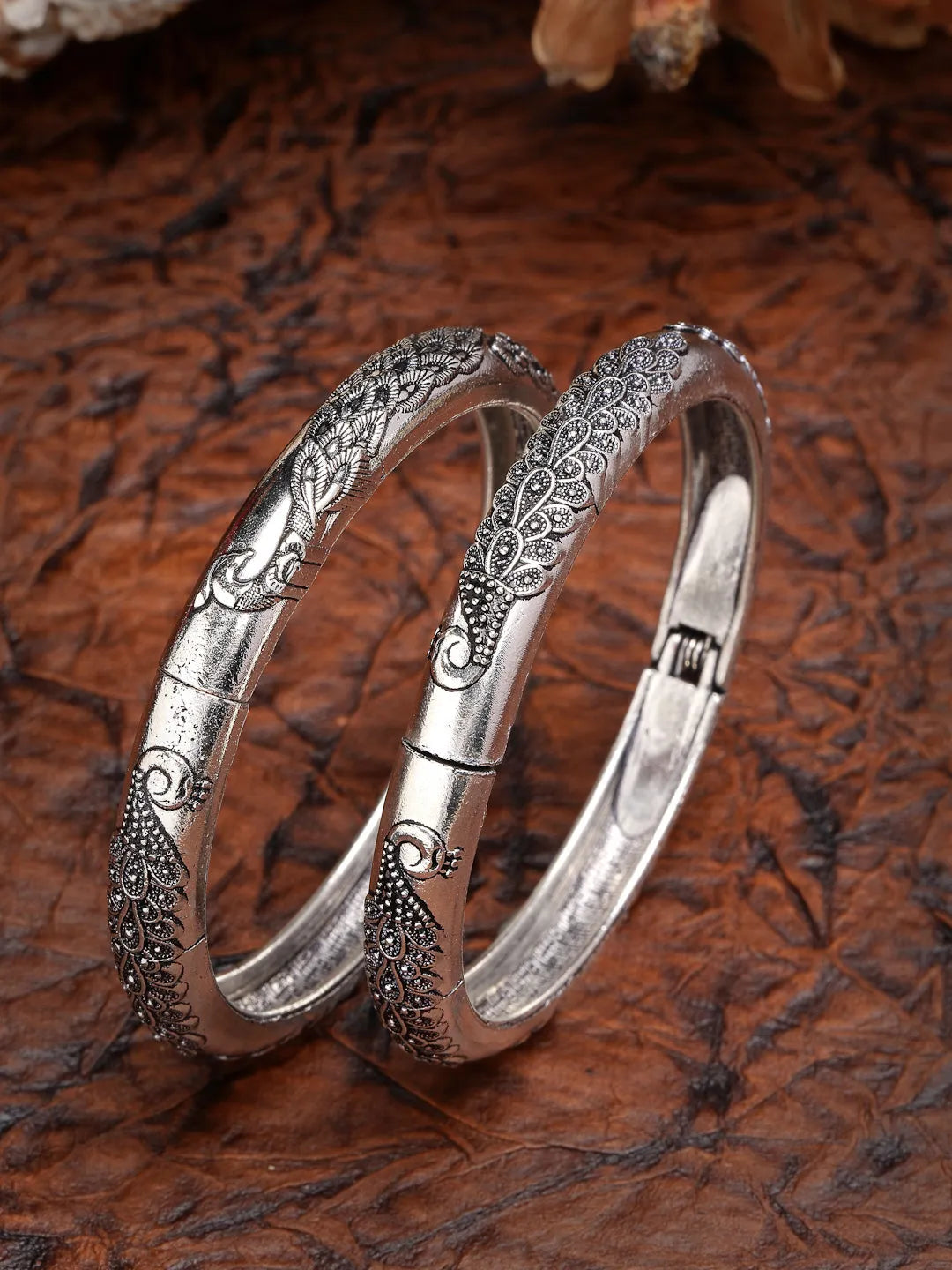 Silver-Toned German Silver Peacock Design Oxidised Kada Bangle