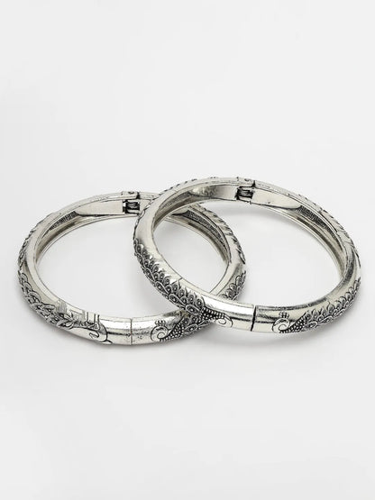 Silver-Toned German Silver Peacock Design Oxidised Kada Bangle