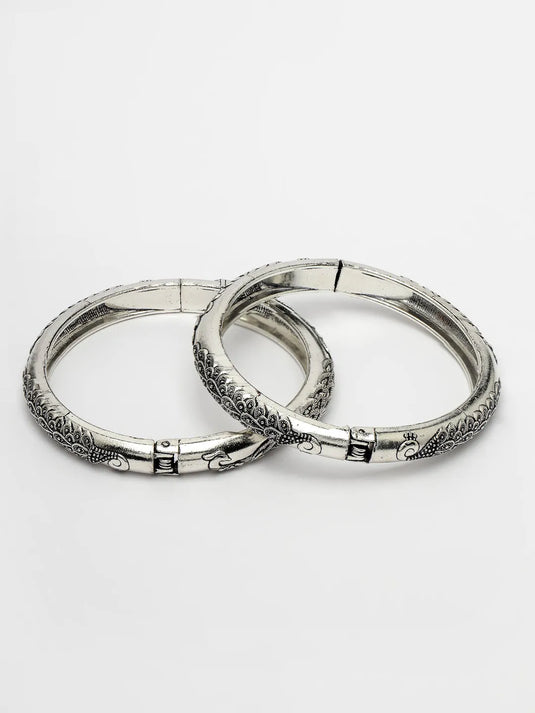 Silver-Toned German Silver Peacock Design Oxidised Kada Bangle