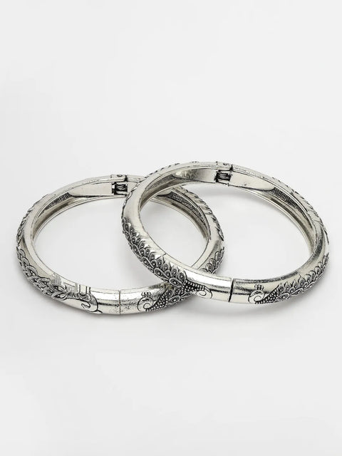 Set of 2 Silver-Toned German Silver Peacock Design Oxidised Kada Bangle