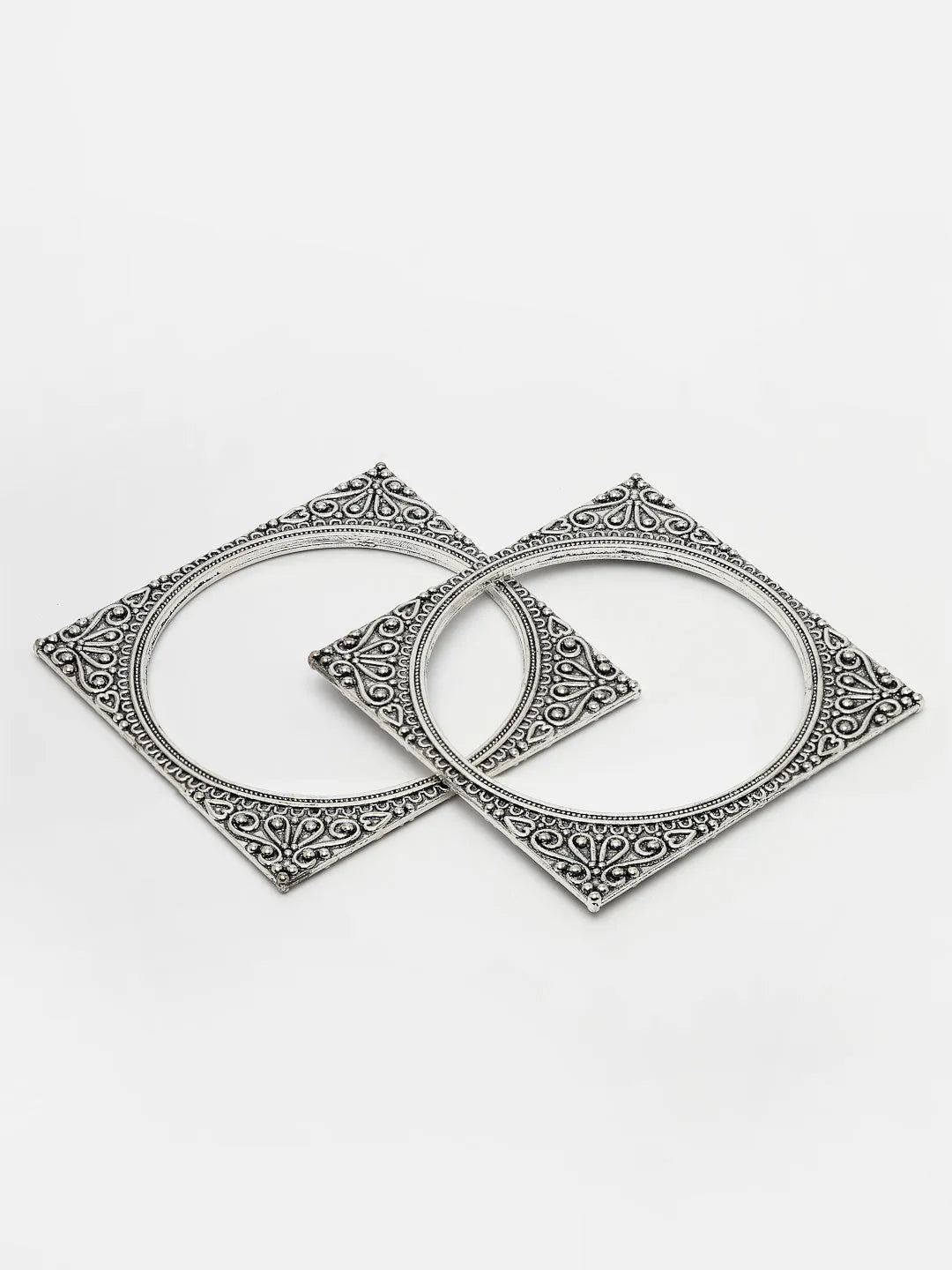 Set Of 2 Silver-Toned Oxidized Square Shaped Bangles