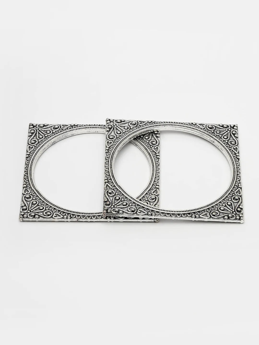 Set Of 2 Silver-Toned Oxidized Square Shaped Bangles