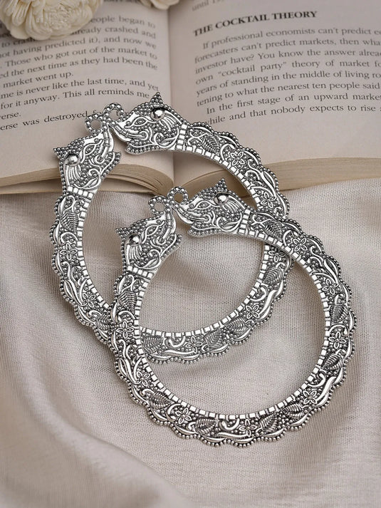 Set of 2  Silver-Toned German Silve Oxidised Elephant Design Handcrafted Bangles