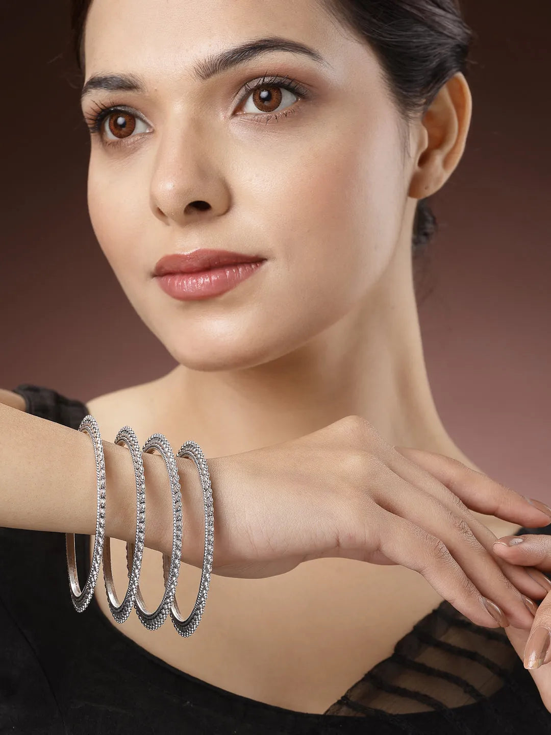 Set of 4 Silver-Toned German Silver Oxidised Bangles