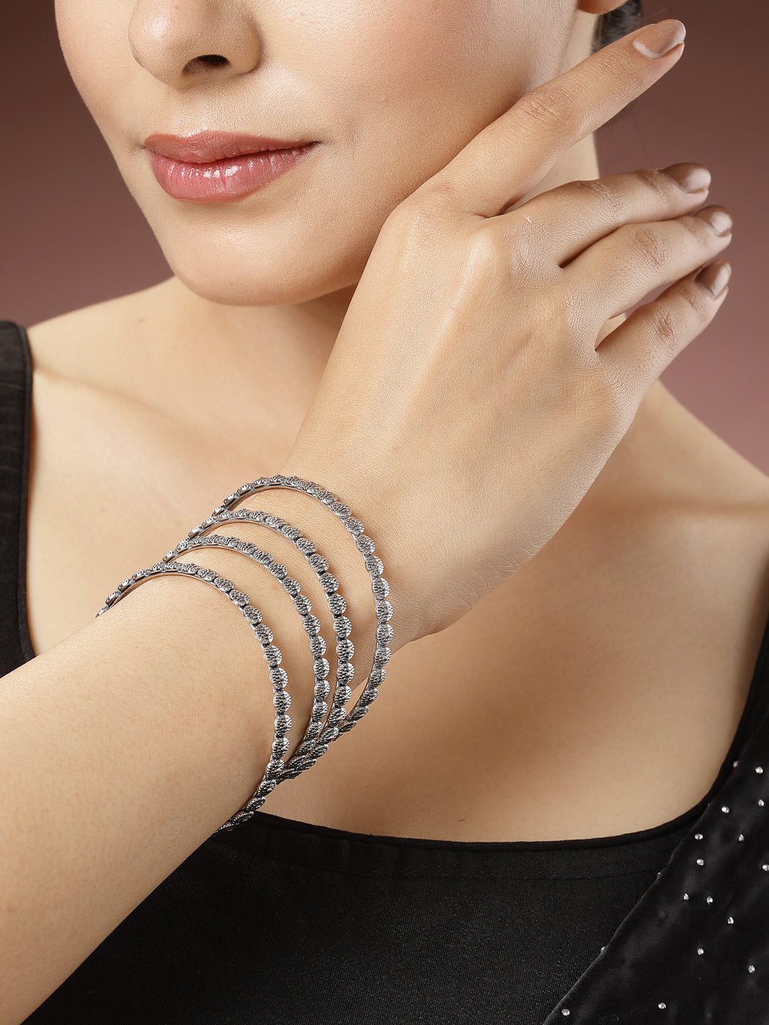 Set of 4 Silver-Toned German Silver Oxidised Bangles