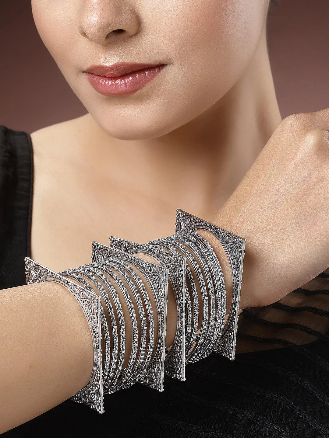 Set of 8 Silver-Toned German Silver Oxidised Bangles