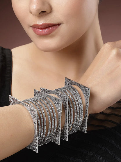 Set of 8 Silver-Toned German Silver Oxidised Bangles