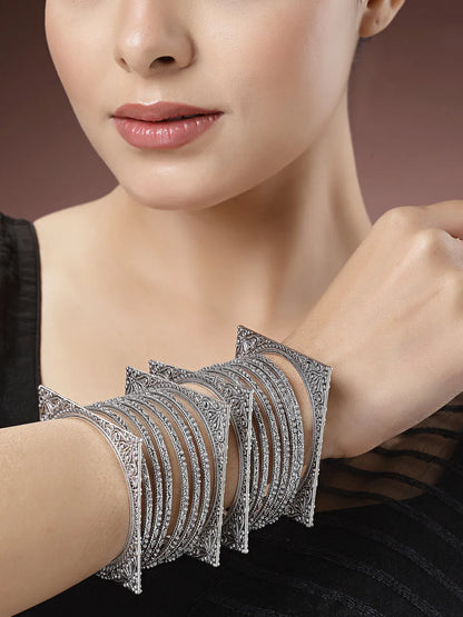 Set of 8 Silver-Toned German Silver Oxidised Bangles