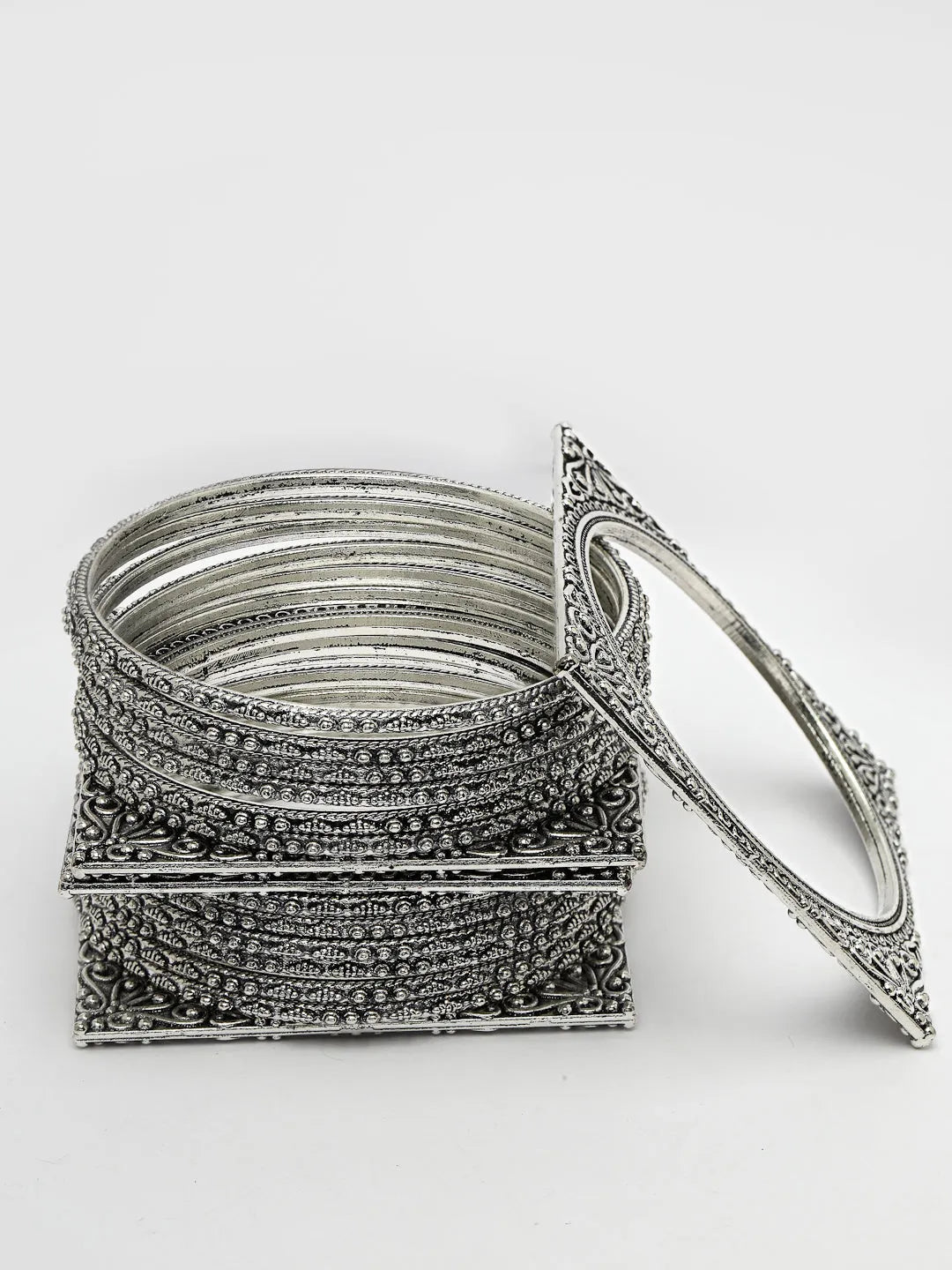 Set of 8 Silver-Toned German Silver Oxidised Bangles