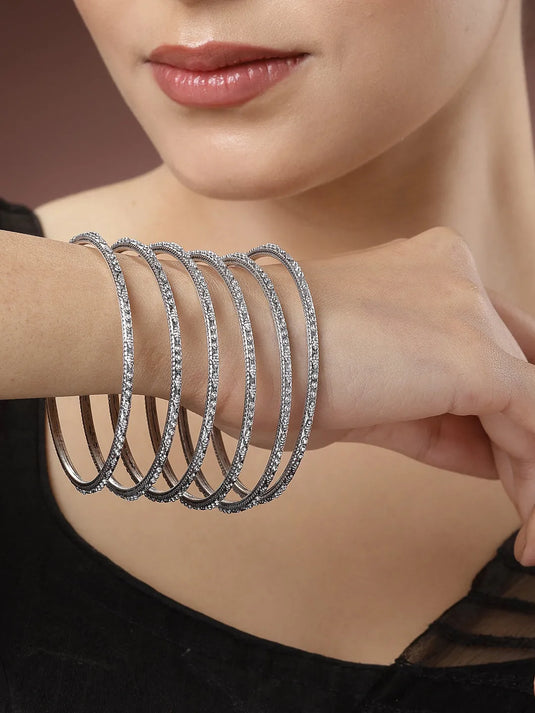 Set of 6 Silver-Toned German Silver Oxidised Bangles