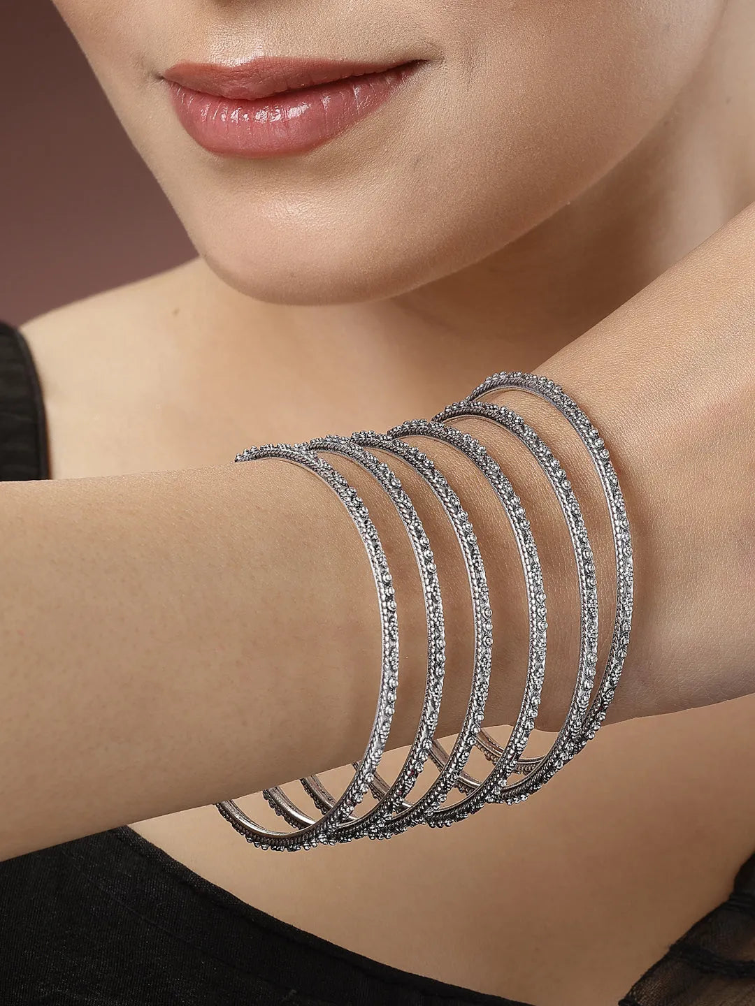 Set of 6 Silver-Toned German Silver Oxidised Bangles