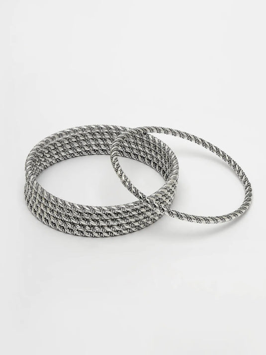 Set of 6 Silver-Toned German Silver Oxidised Bangles