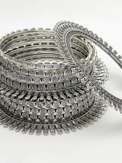 Set of 6 Silver-Toned German Silver Oxidised Bangles