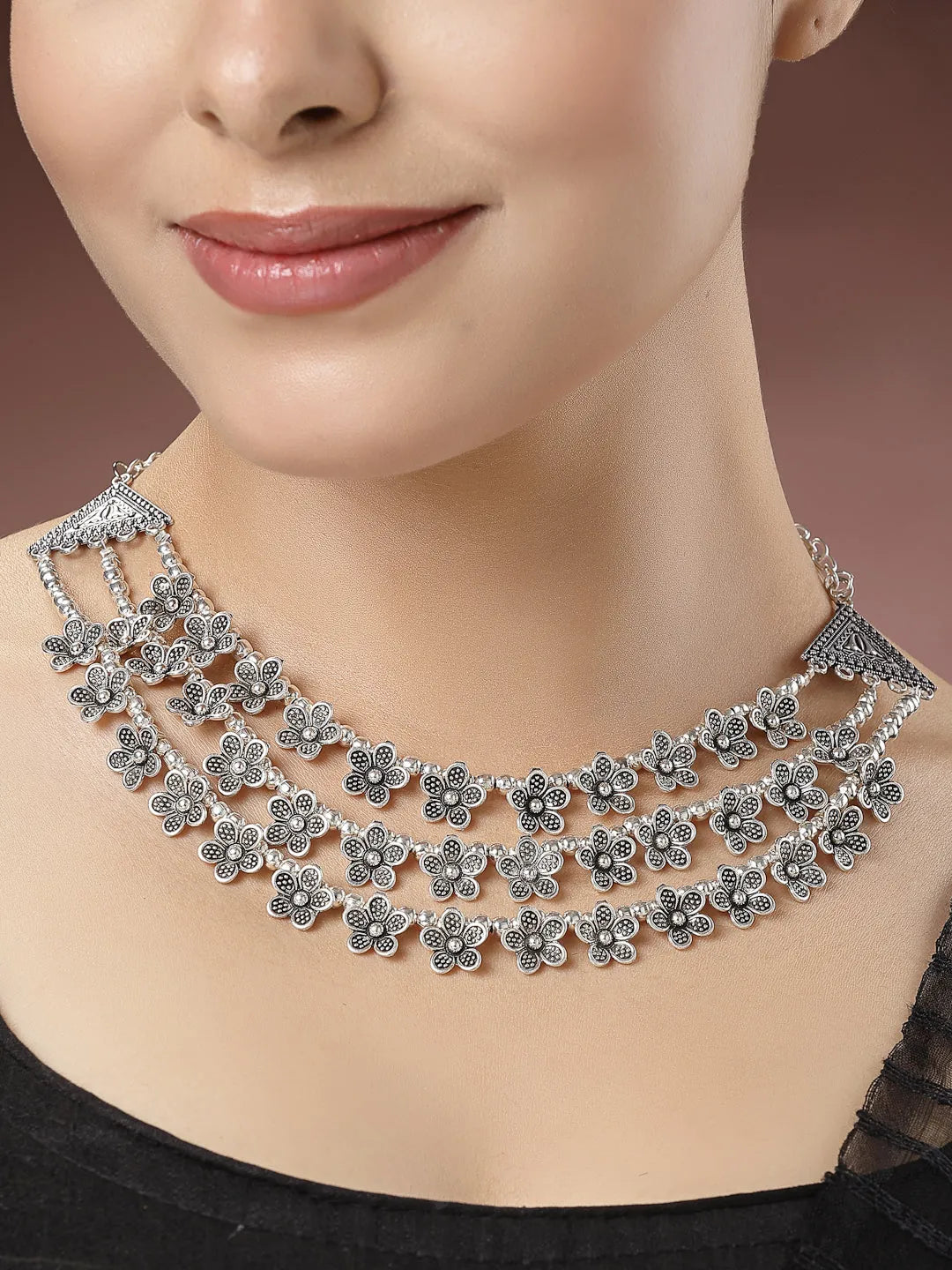 3 Layered Floral Shape Artificial Beads German Silver Oxidised Necklace