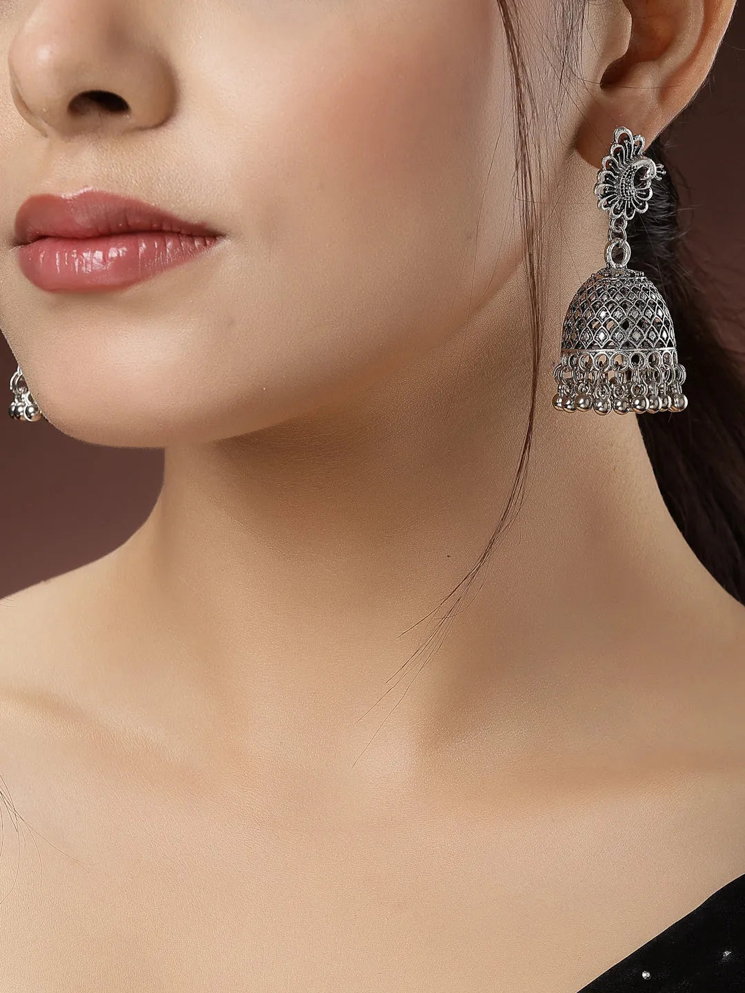 Silver-Toned Peacock Design German Silver Oxidised Dome Shaped Jhumka Earrings