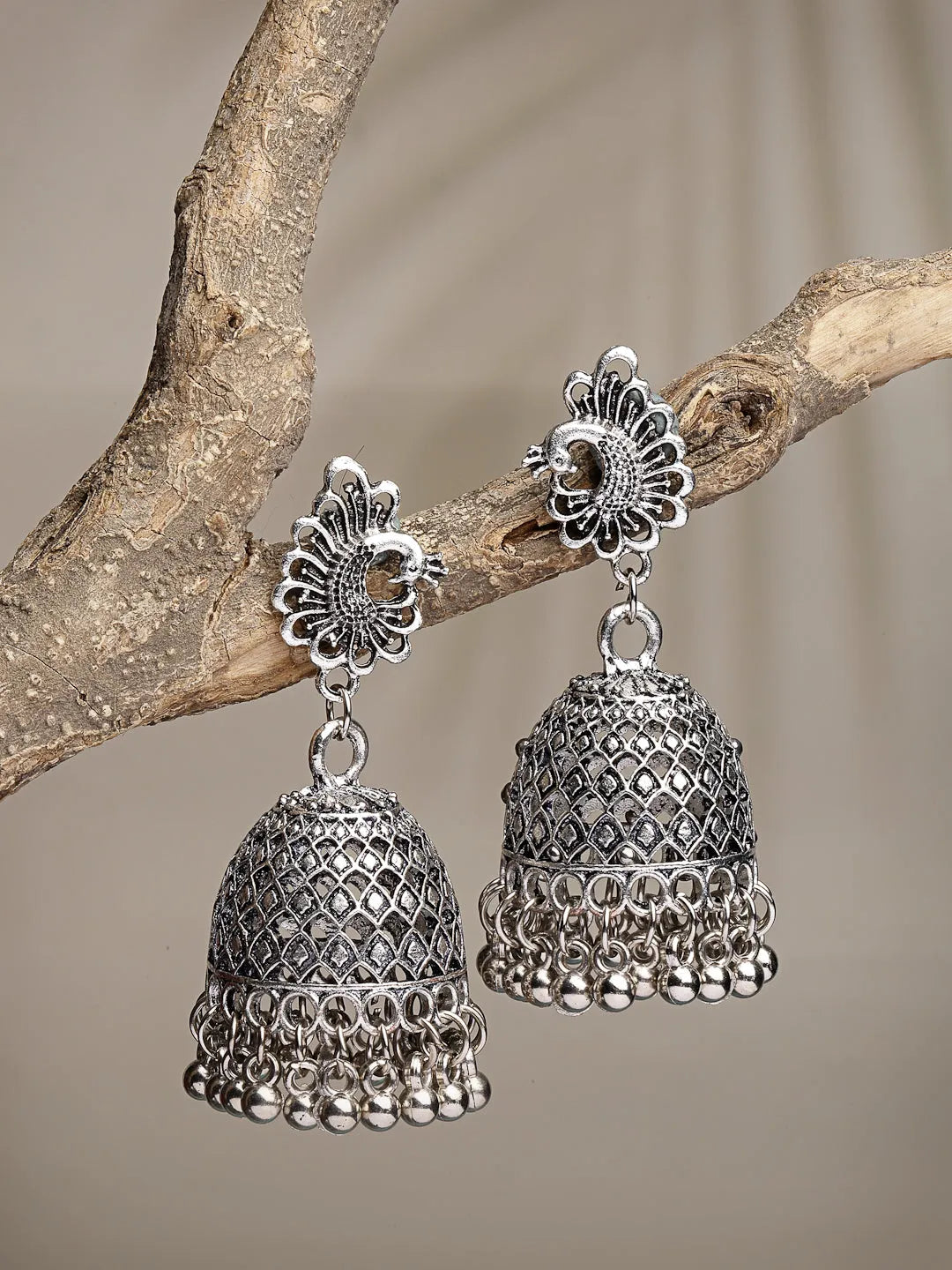 Silver-Toned Peacock Design German Silver Oxidised Dome Shaped Jhumka Earrings