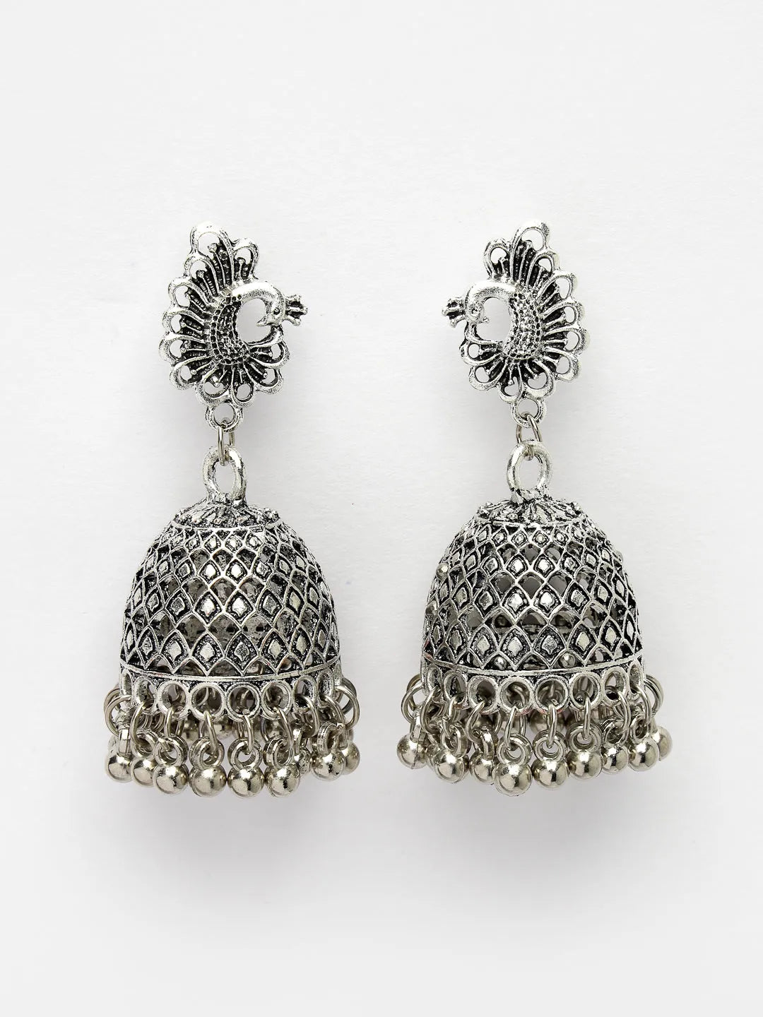 Silver-Toned Peacock Design German Silver Oxidised Dome Shaped Jhumka Earrings