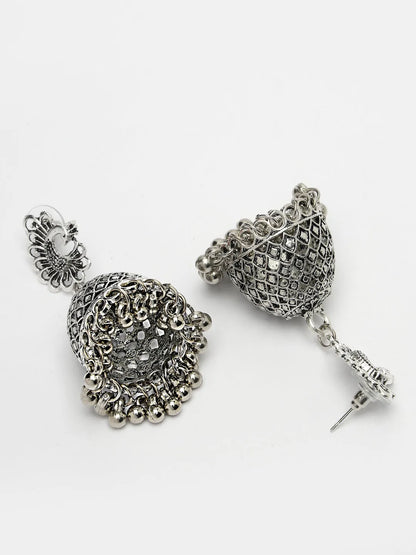 Silver-Toned Peacock Design German Silver Oxidised Dome Shaped Jhumka Earrings