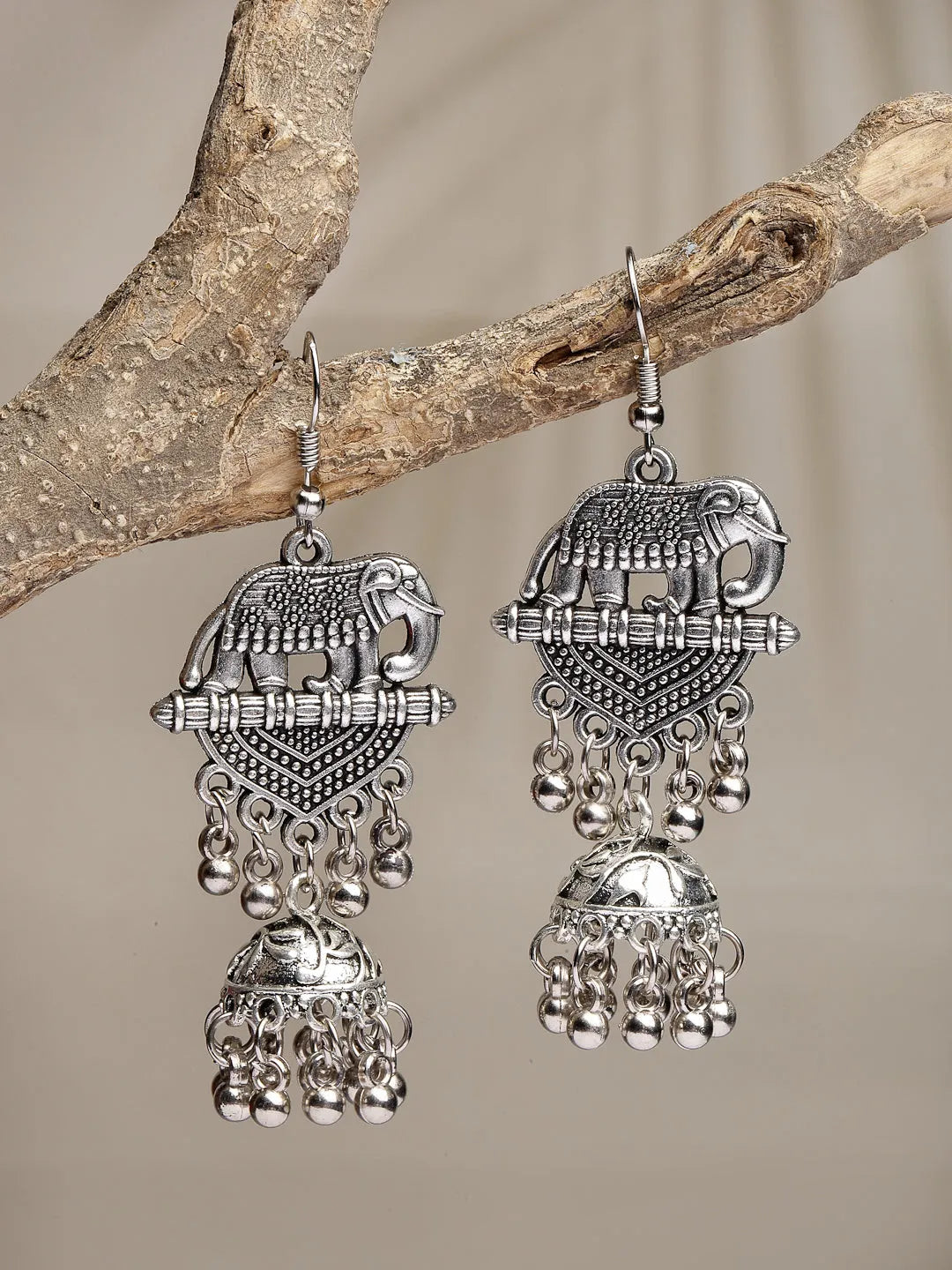 Silver-Toned Elephant Design German Silver Oxidised Dome Shaped Jhumka Earrings