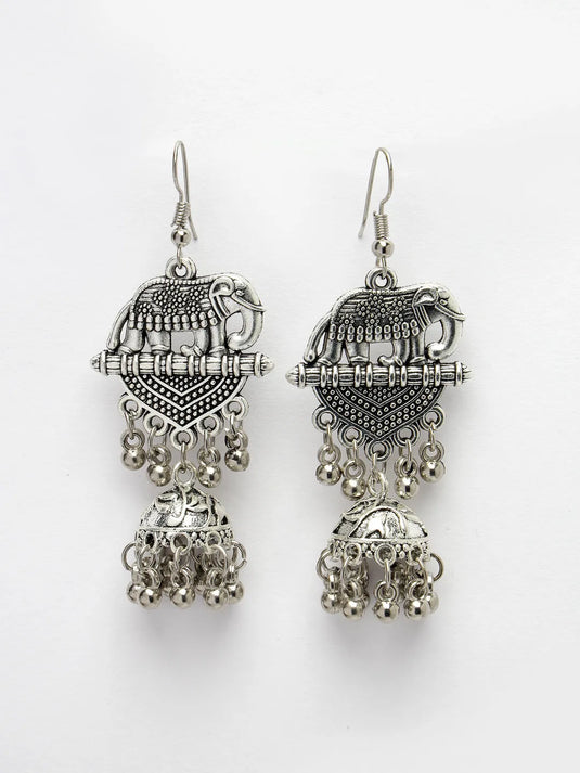 Silver-Toned Elephant Design German Silver Oxidised Dome Shaped Jhumka Earrings