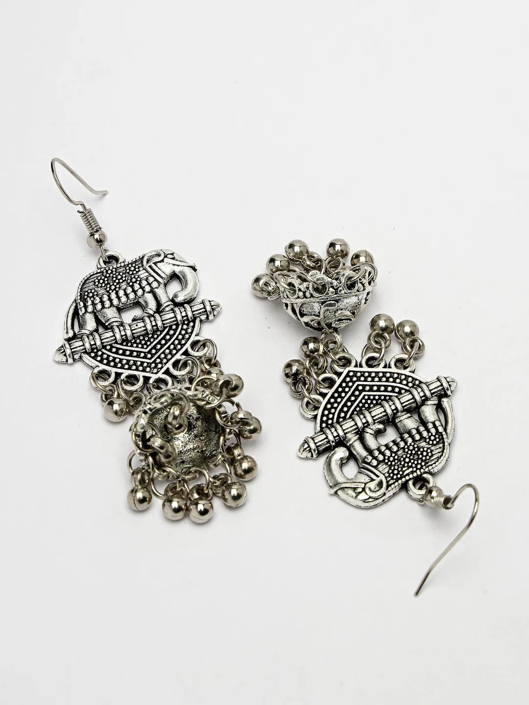 Silver-Toned Elephant Design German Silver Oxidised Dome Shaped Jhumka Earrings