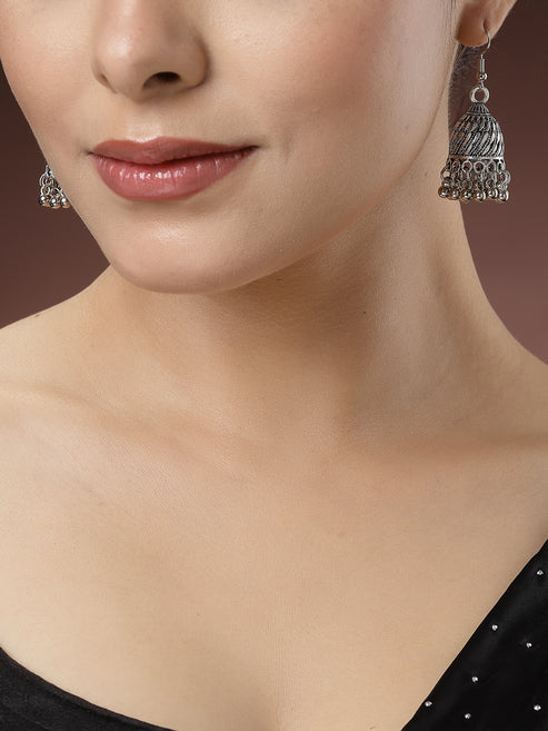 Women Silver-Toned German Silver Oxidised Dome Shaped Jhumka Earrings