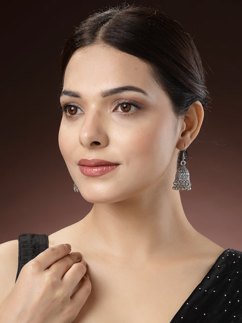 Women Silver-Toned German Silver Oxidised Dome Shaped Jhumka Earrings