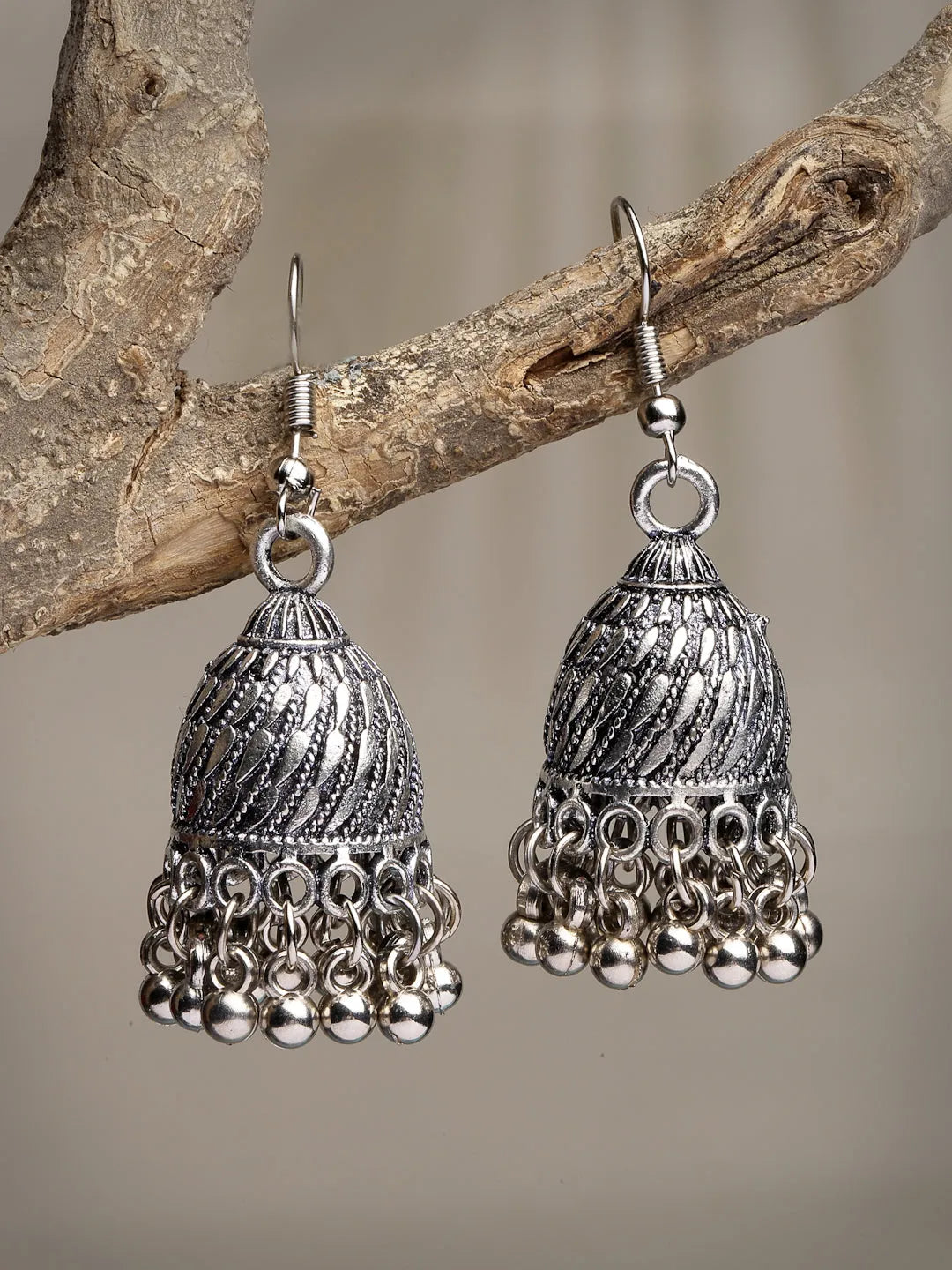 Silver-Toned German Silver Oxidised Dome Shaped Jhumka Earrings