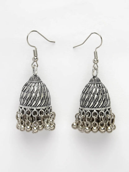 Silver-Toned German Silver Oxidised Dome Shaped Jhumka Earrings