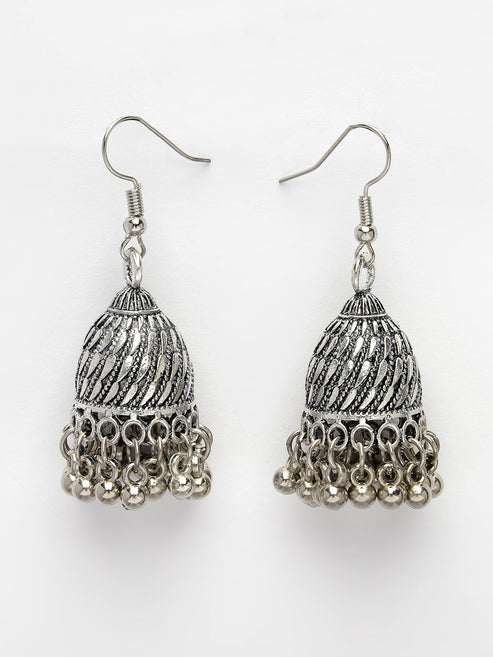 Women Silver-Toned German Silver Oxidised Dome Shaped Jhumka Earrings