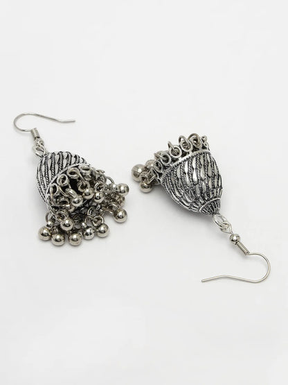 Silver-Toned German Silver Oxidised Dome Shaped Jhumka Earrings