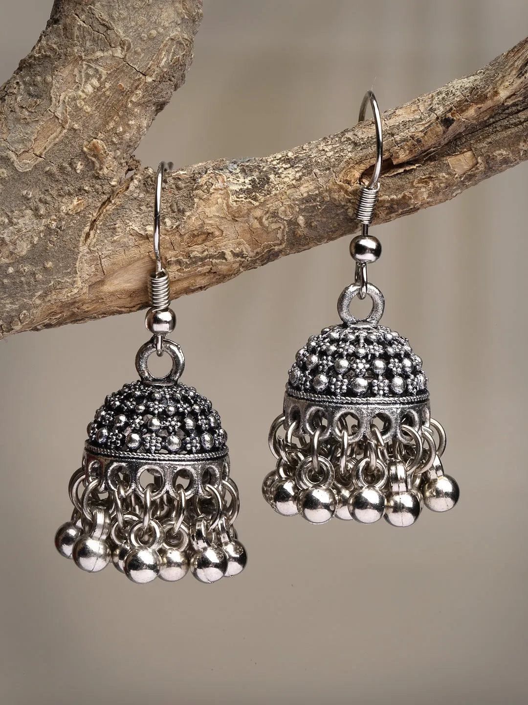 Silver-Toned German Silver Oxidised Dome Shaped Jhumka Earrings