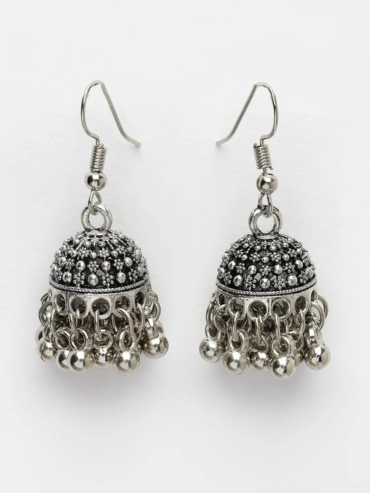 Silver-Toned German Silver Oxidised Dome Shaped Jhumka Earrings