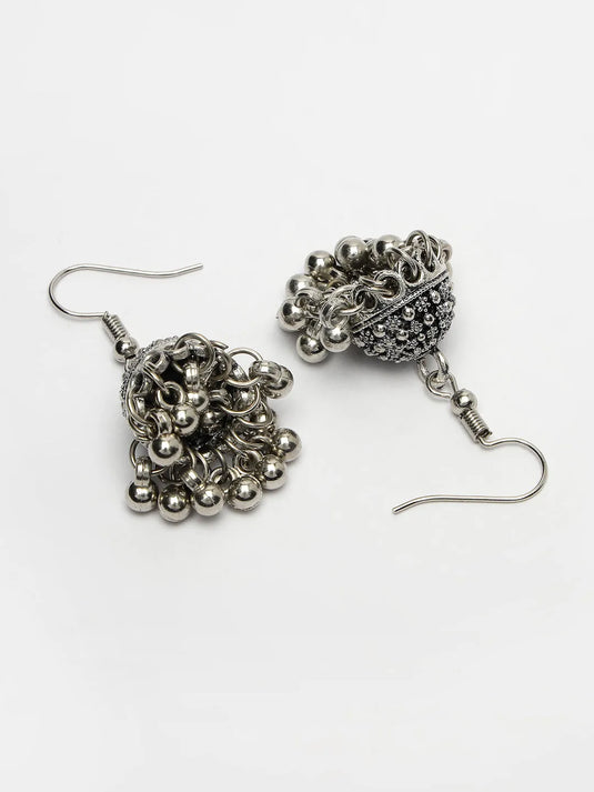 Silver-Toned German Silver Oxidised Dome Shaped Jhumka Earrings